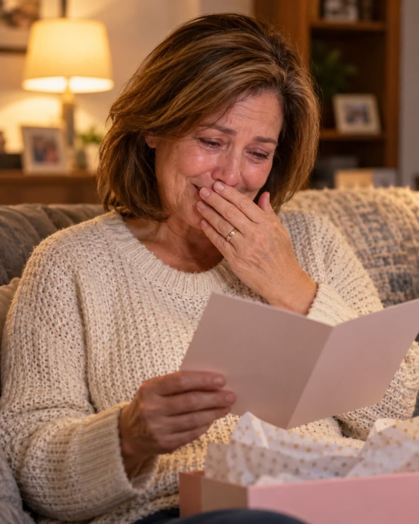 A mother reading a card, moved to tears